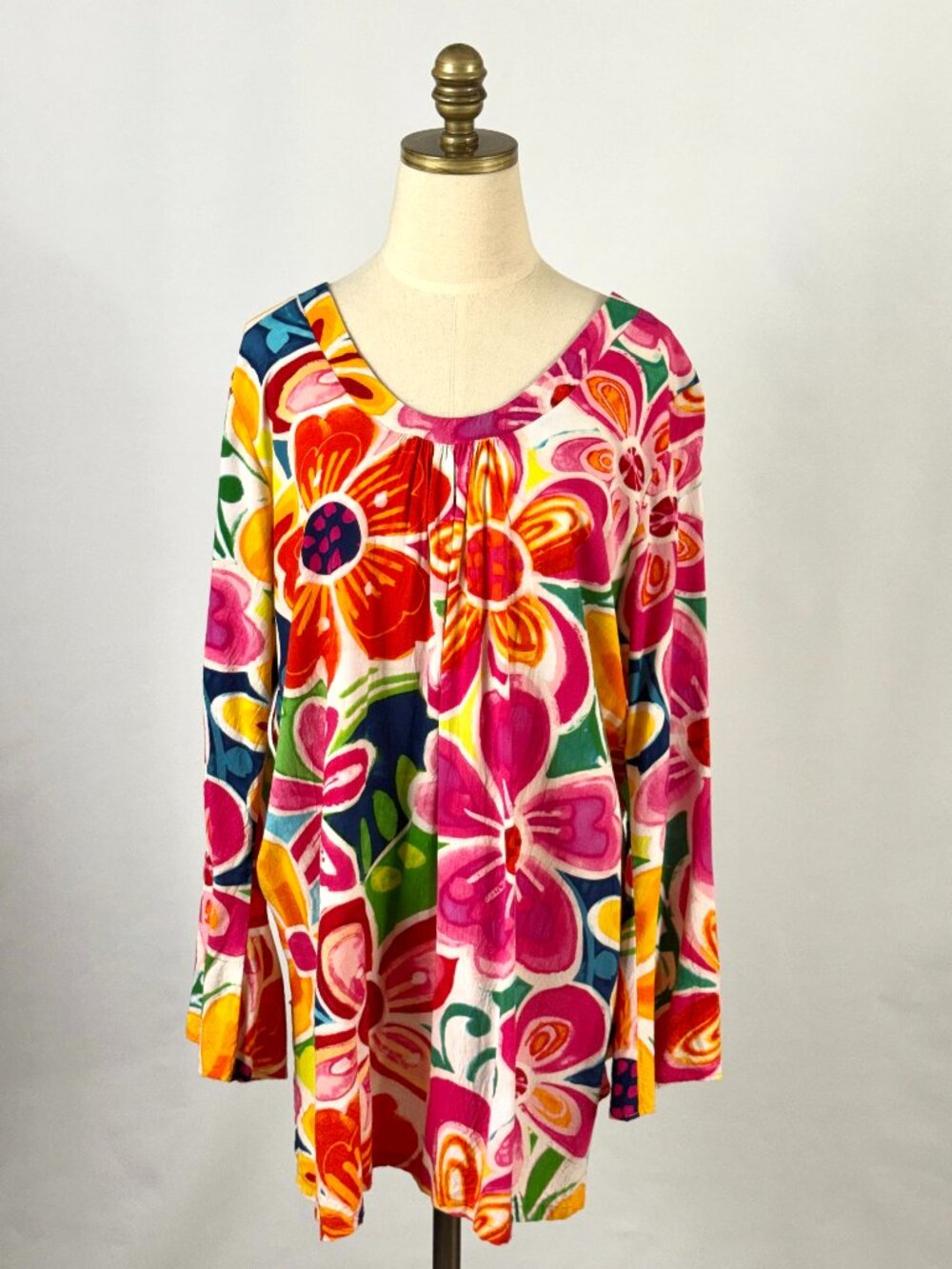 Jams World Colorful Bright Floral Scoop Neck Tunic Top XL Flared Sleeves Hawaii